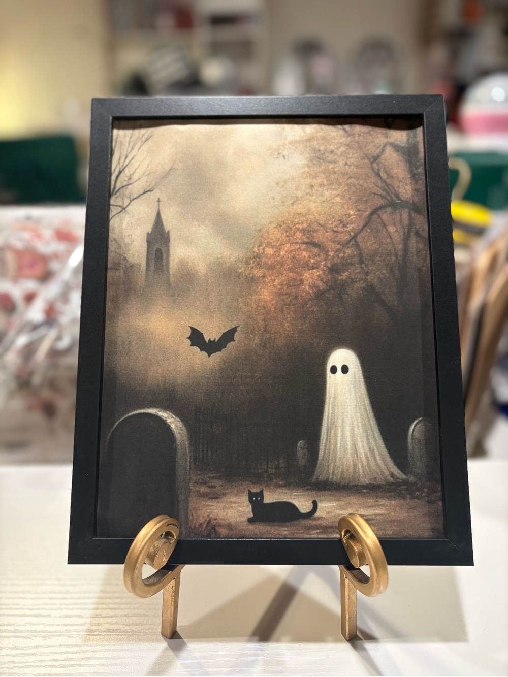Halloween Ghost & Cat Framed 8x10 Art in Black